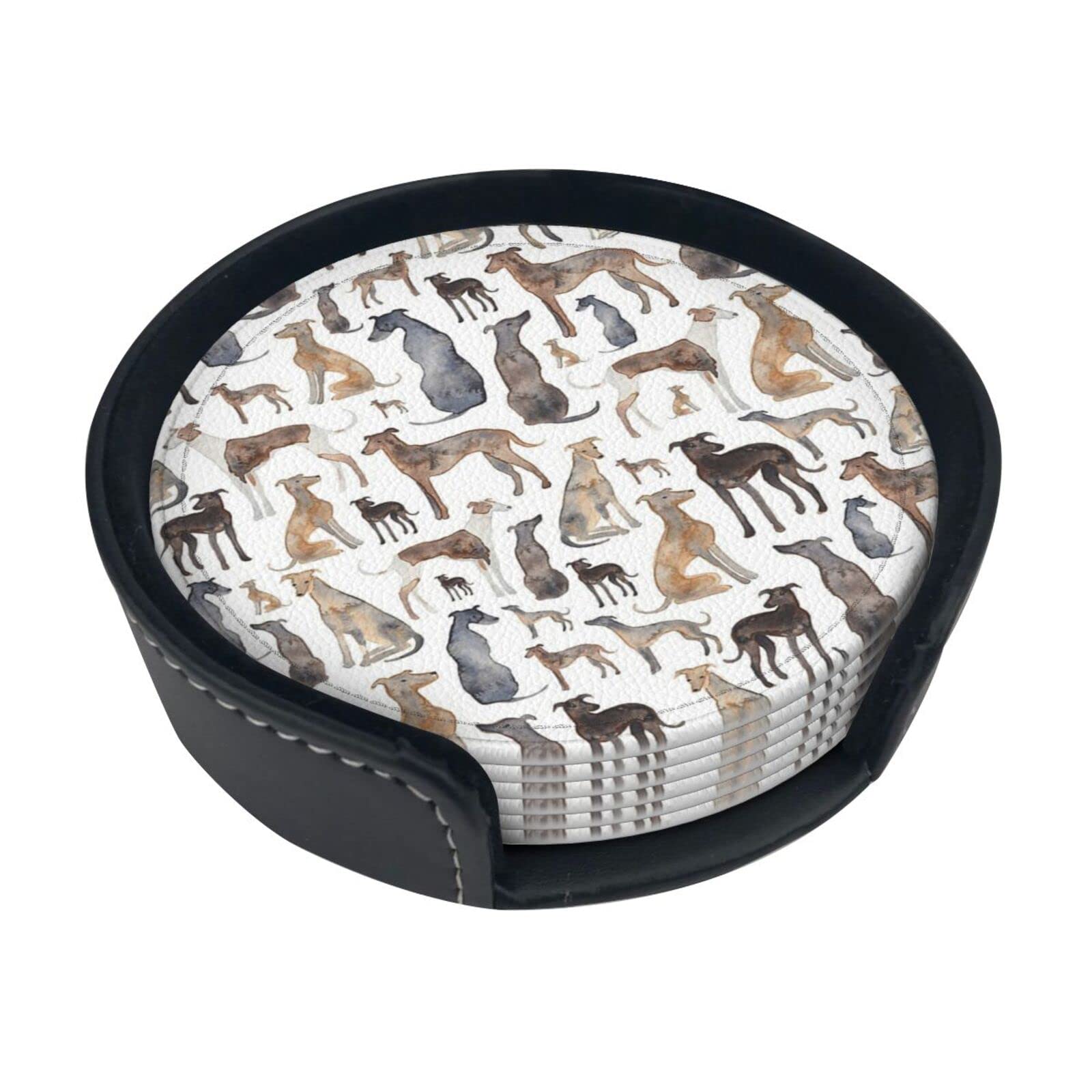 Round Coasters, Greyhounds Wippets And Lurcher Dogs,Mugs Pad Cups Mat Set of 6 Leather Drinks Coasters with Holder