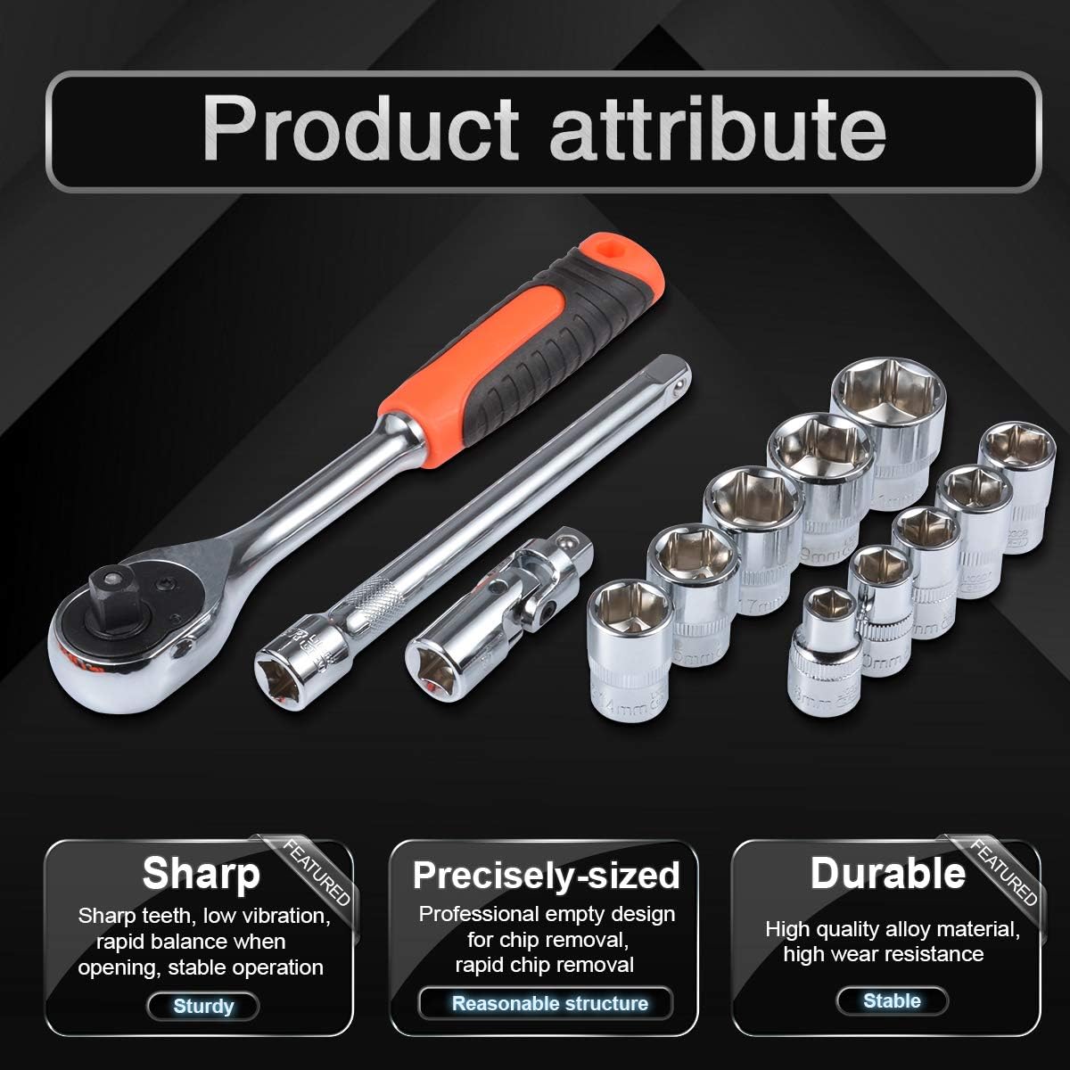 KATUR 12Pcs 3/8 Inch Metric Drive Sockets Set, Quick Release Reversible Ratchet Handle, Swappable Spanners Sockets with Hanging Rack (3/8 Inch Wrench 195mm Length)