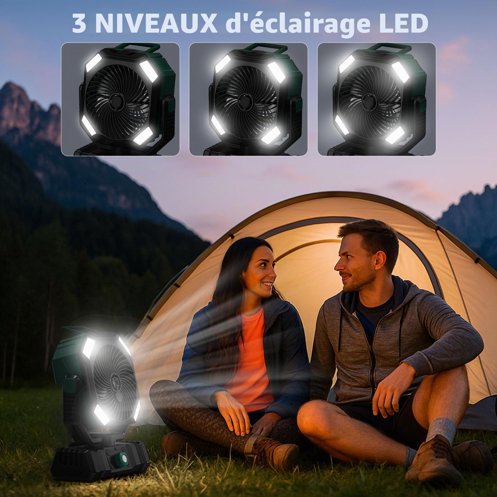 Ventilateur Brumisateur Portable 20000mAh, Réservoir 300ml, Oscillation 45°-90°, Rotation 270°, Télécommande, LED, Ventilateur Camping Rechargeable pour Extérieur, Tente, Bureau