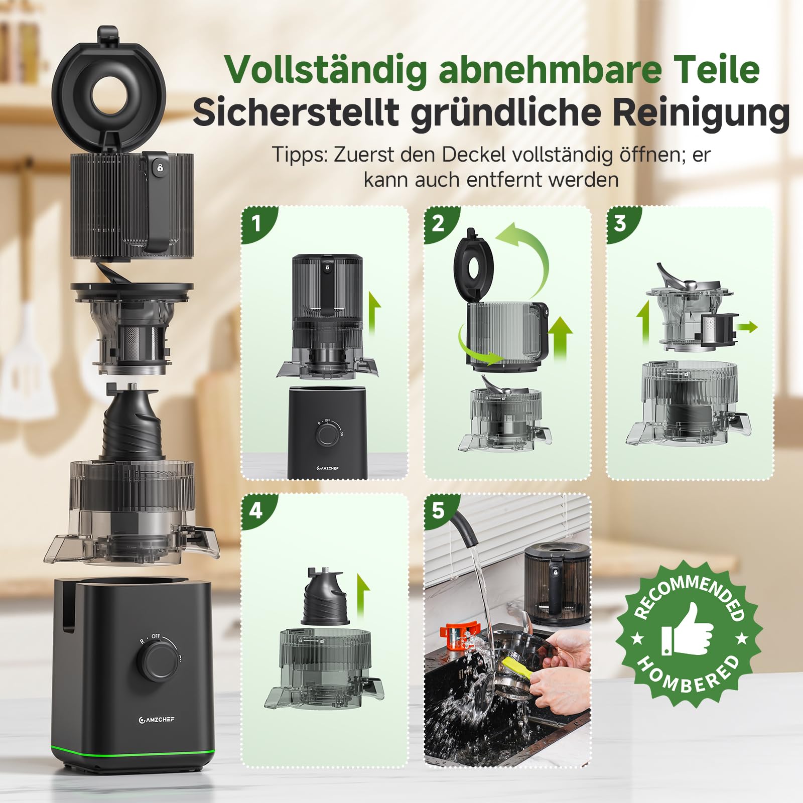 AMZCHEF Entsafter Slow Juicer für ganze Früchte & Gemüse, Kaltpress Saftpresse mit 155 mm XXL-Einfüllöffnung, 2,5 L Behälter, 3-in-1 Sieb (für Saft, Sorbet & Nussmilch), leicht zu reinigen, Schwarz