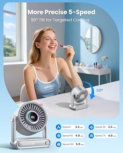 Miniatura 6 de Gaiatop Ventilador de escritorio silencioso portátil con banco de energía, ventilador de batería recargable de 6000 mAh con anillo RGB, tiempo de
