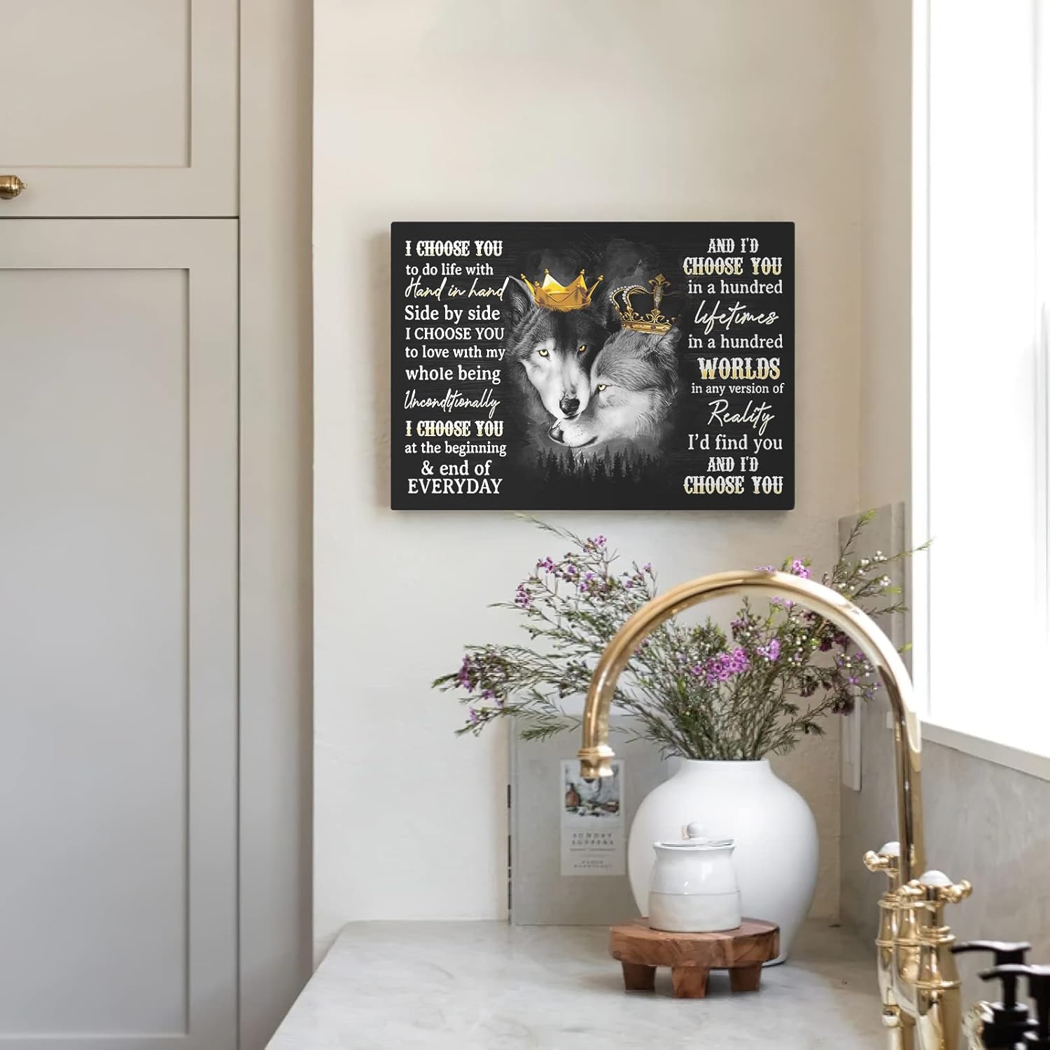 Kasluolo Black and White Wolf Wall Art Christian Two Wolves Poster Wolves King and Queen Crown Picture Motivational Canvas Print Painting for Bathroom Bedroom Office Framed Artwork 12x16 inch