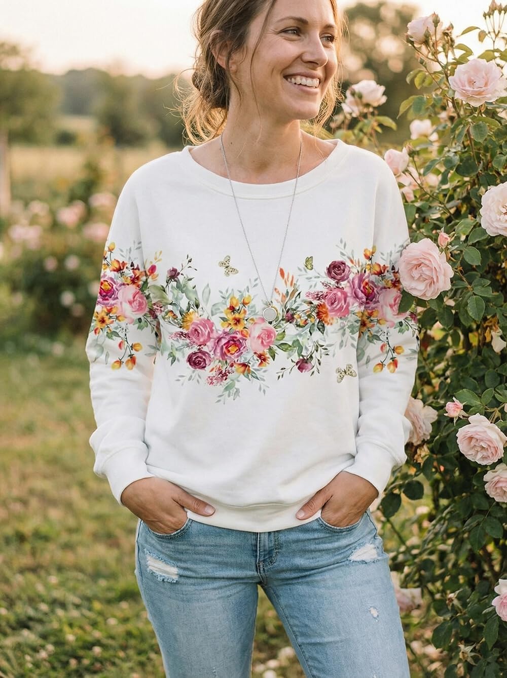 Floral Printed Sweatshirt Womens Boho Flowers O-Neck Pullover Tops Garden Lovers Vaction Long Sleeve Shirts - Image 6