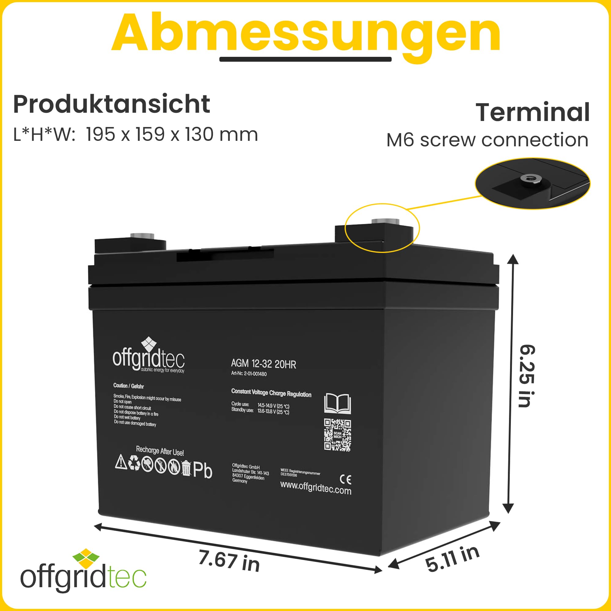 Offgridtec 32 Ah 12 V AGM Solar Batería para aplicaciones cíclicas, 2 – 01 – 001480