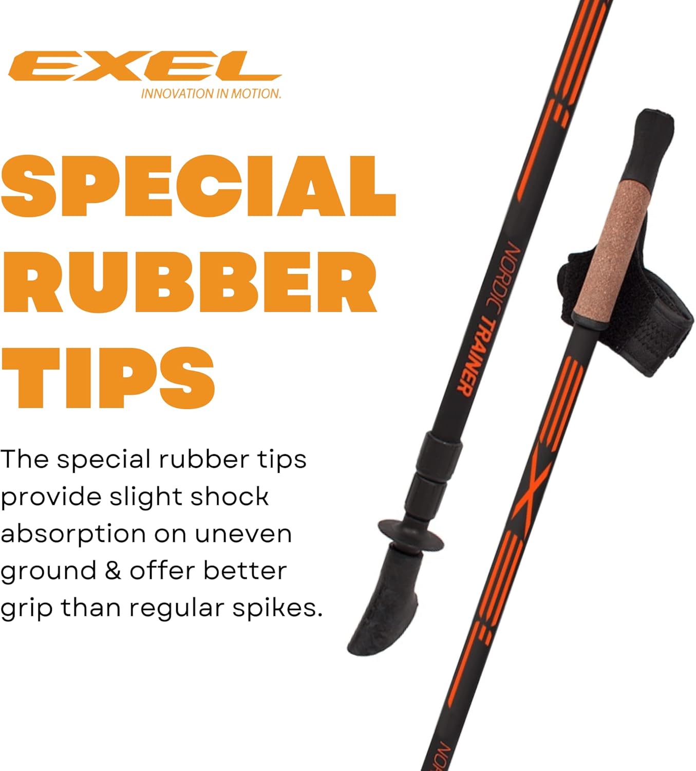 Exel Nordic Walking Poles | Premium Trekking Poles for Hiking, Walking, and Fitness Activities, Collapsible and Adjustable Sturdy Walking Sticks for Balance and Posture (Black/Orange) | Set of 2 Poles