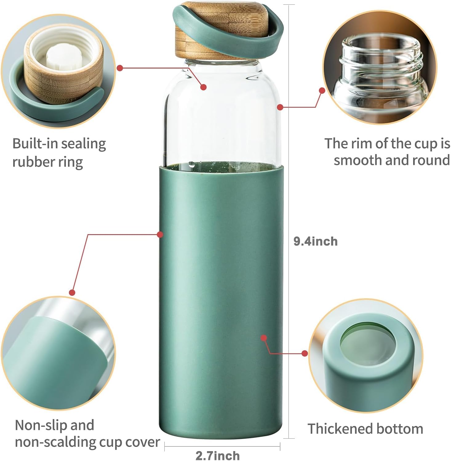 21oz Borosilicate Glass Water Bottle with Non-Slip Sleeve & Leak-Proof Lid-Reusable Drink Bottle for Office,Travel,Gym,Hiking-Ideal Gift for Home,Car & Fitness Enthusiasts (2*Pink+2*Green)