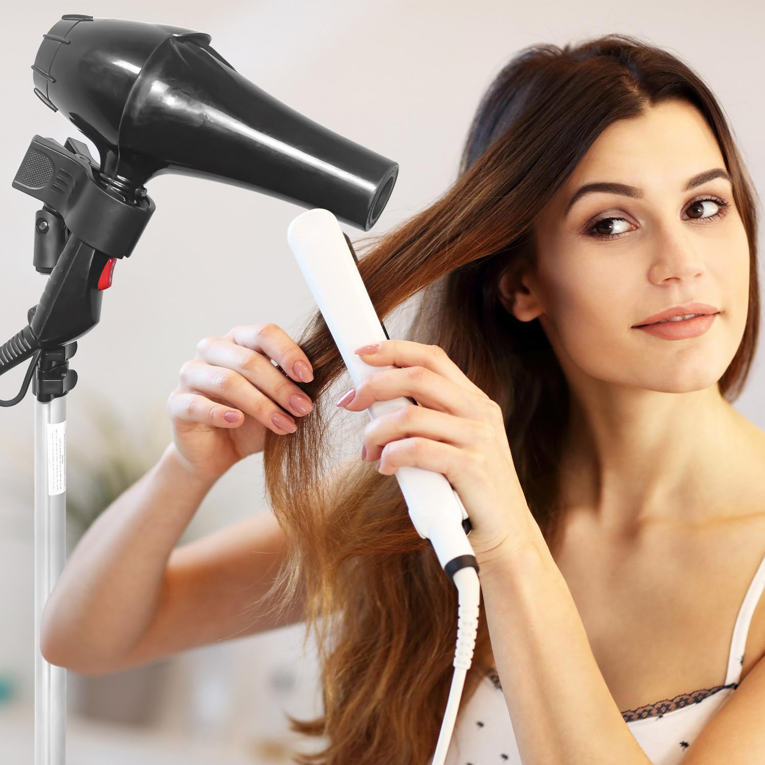Support de sèche-cheveux mains libres avec rotation à 360 degrés, support de sèche-cheveux réglable avec trépied et clip universel, support rotatif à 360 degrés pour salle de bain, coiffeuse, salle de