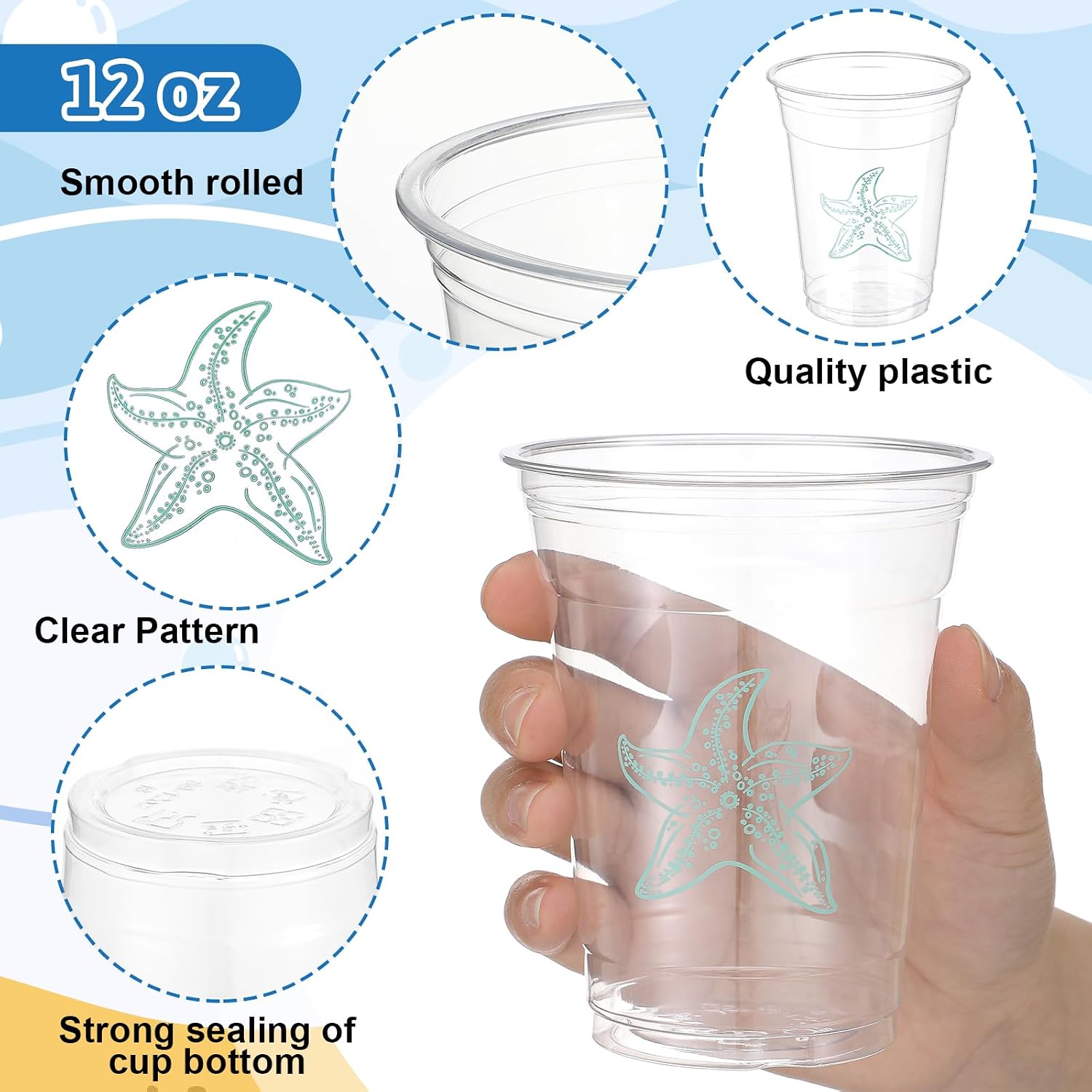 Qinyoung 100 Pcs Ocean Party Disposable Cups 12 oz Clear Plastic Cups with Sea Pattern Ocean Party Supplies for Sea Birthday Decoration Supplies(Seaside)