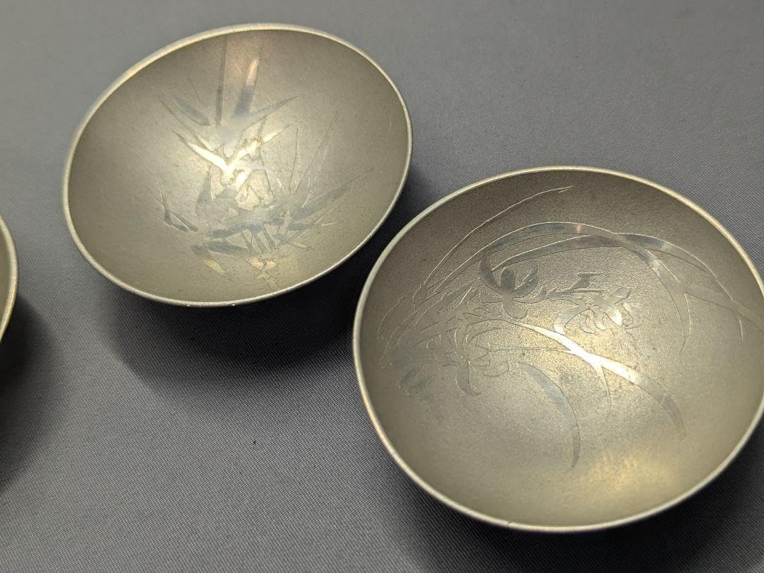 薩摩錫器 盃4個 共箱 花と鶴の彫刻