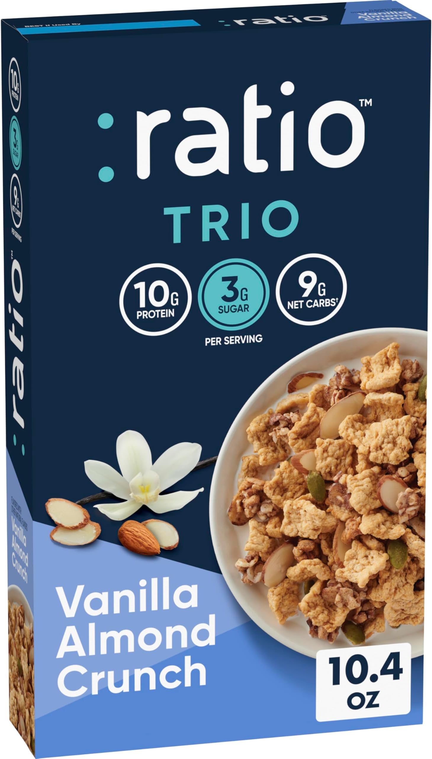 Ratio Trio Vanilla Almond Crunch Cereal, 10g Protein, Keto Friendly, 10.4 oz