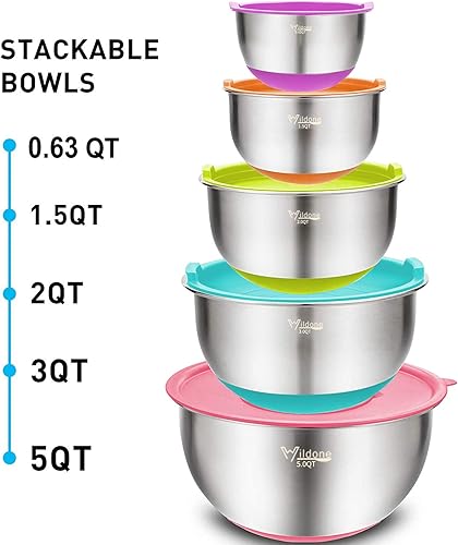 Miniatura 7 de Wildone Juego de cuencos para mezclar con tapas herméticas, 5 cuencos de acero inoxidable para cocina, con accesorios para rallador y parte inferior