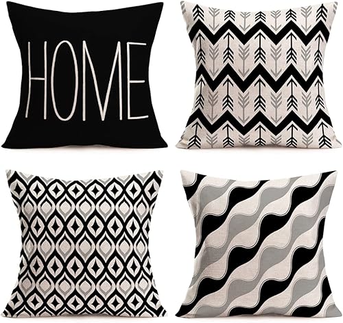 Fukeen Home - Juego de 4 fundas de almohada geométricas decorativas modernas de 16 x 16 pulgadas, color negro, blanco, gris, flecha, rayas, ondas,