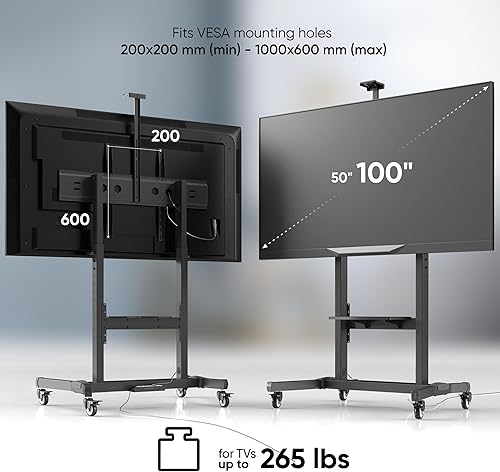 Miniatura 3 de ONKRON Soporte de TV portátil con ruedas, soporte de TV de suelo para televisores planoscurvos de 50 a 100 pulgadas de hasta 265 libras, soporte de