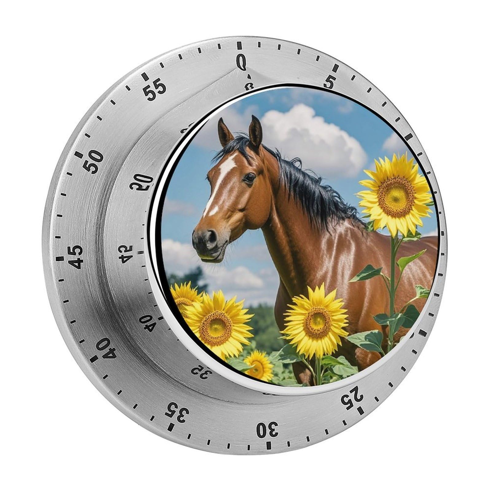 Horse and Sunflower Timer with Loud Alarm Precision 60 Minute Wind Up Timer Portable Manual Countdown Timers Exquisite Stainless Magnetic Kitchen Timers for Cooking Chef Clock