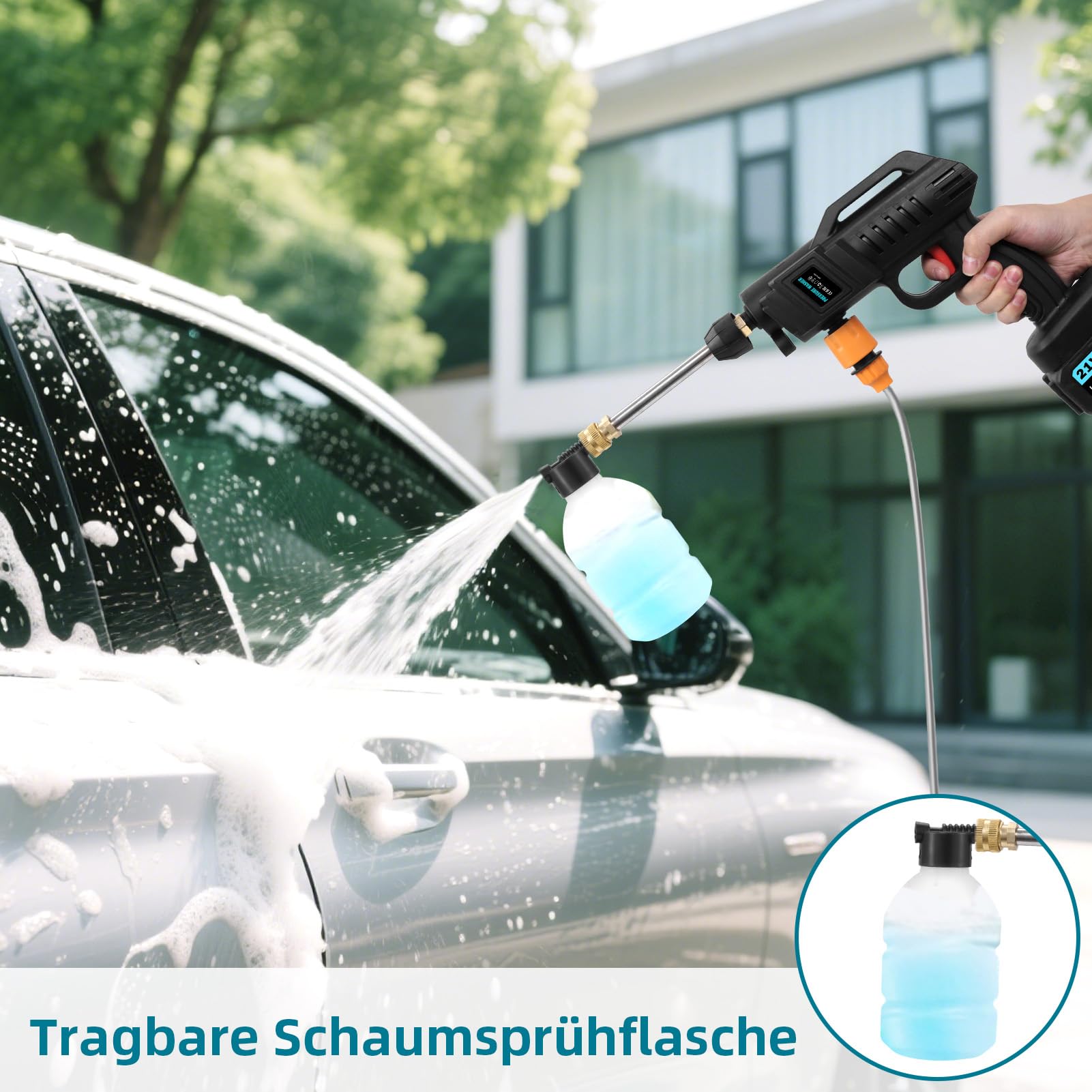 Hidrolimpiadora Inalámbrica,62Bar Hidrolimpiadora de Alta Presión,Portátil Pistola de Agua a Presión con 2×3.0Ah Baterías,Boquilla 6 en 1,Manguera 5m,Pistola para Coche Cerca Piso Limpieza Riego