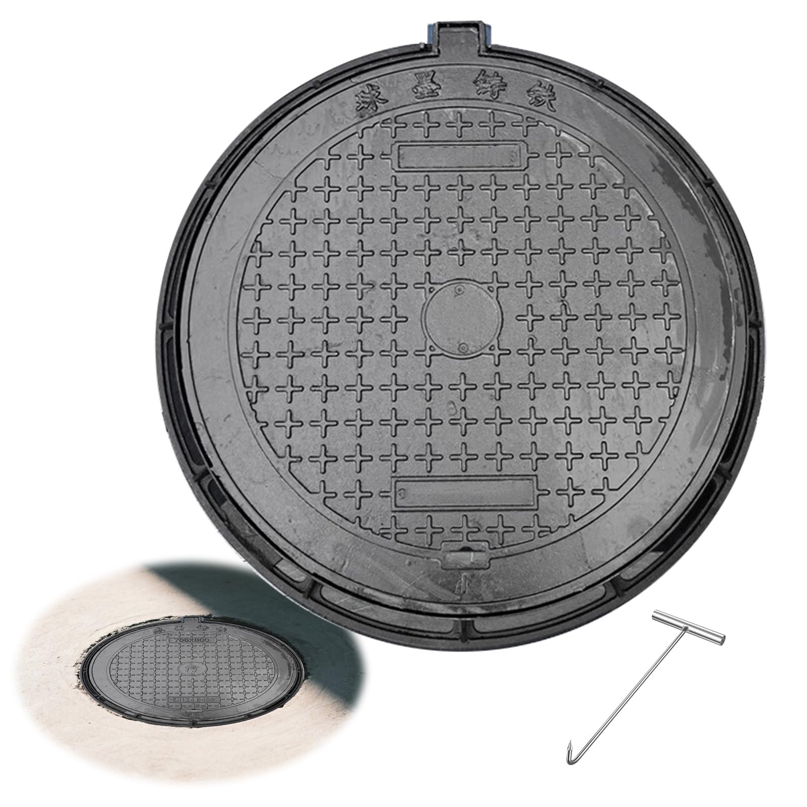 GJMSSMY Ductile Iron Round Manhole Cover, Heavy-Duty Non-Slip Drainage Grate with Frame, Septic Tank Access Cover (70x70x3.5cm/28x28x1.4in)