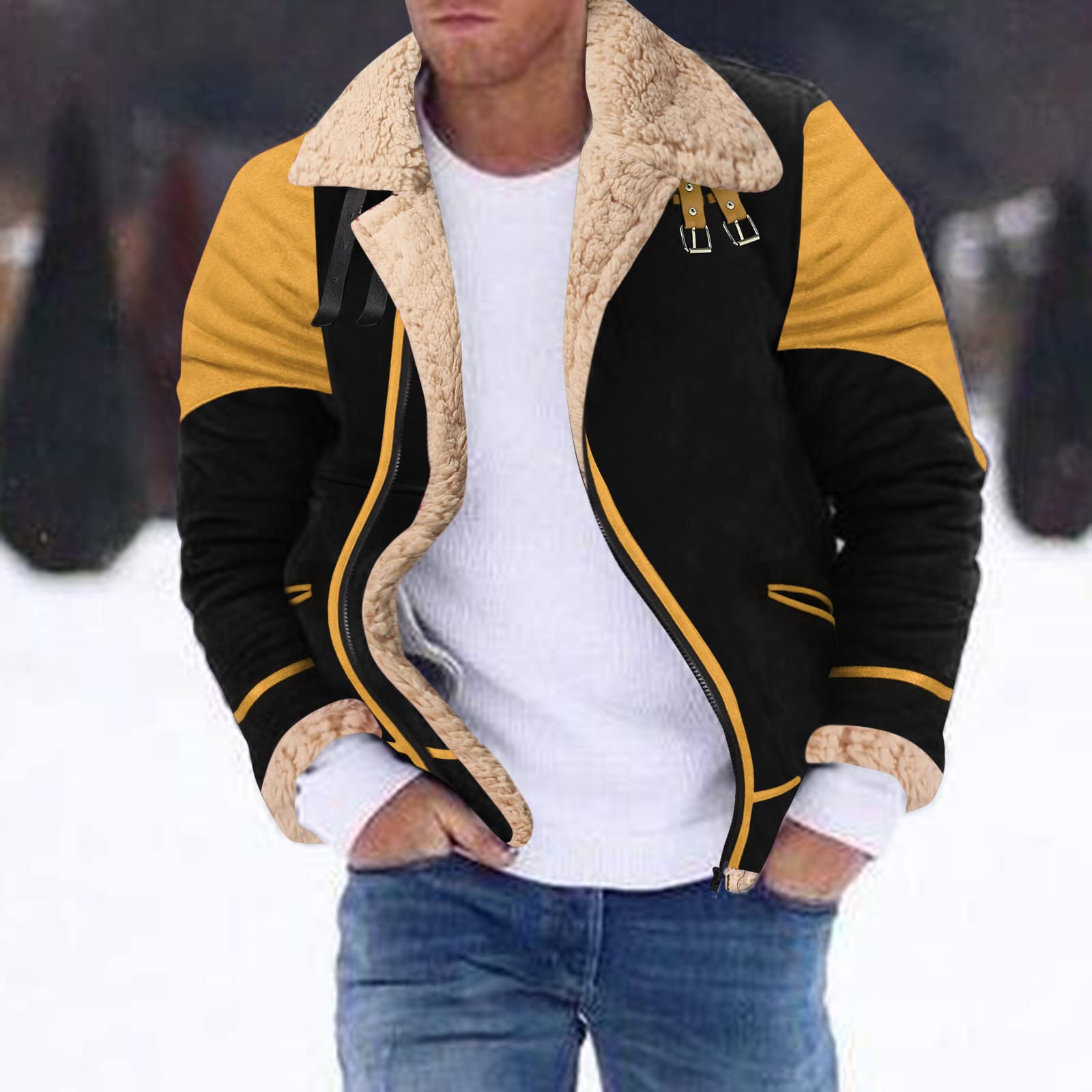 Chaqueta de aviador de solapa para hombre, forro de piel sintética, chaqueta gruesa de patchwork de piloto para hombre, chaqueta de invierno cálida de softshell