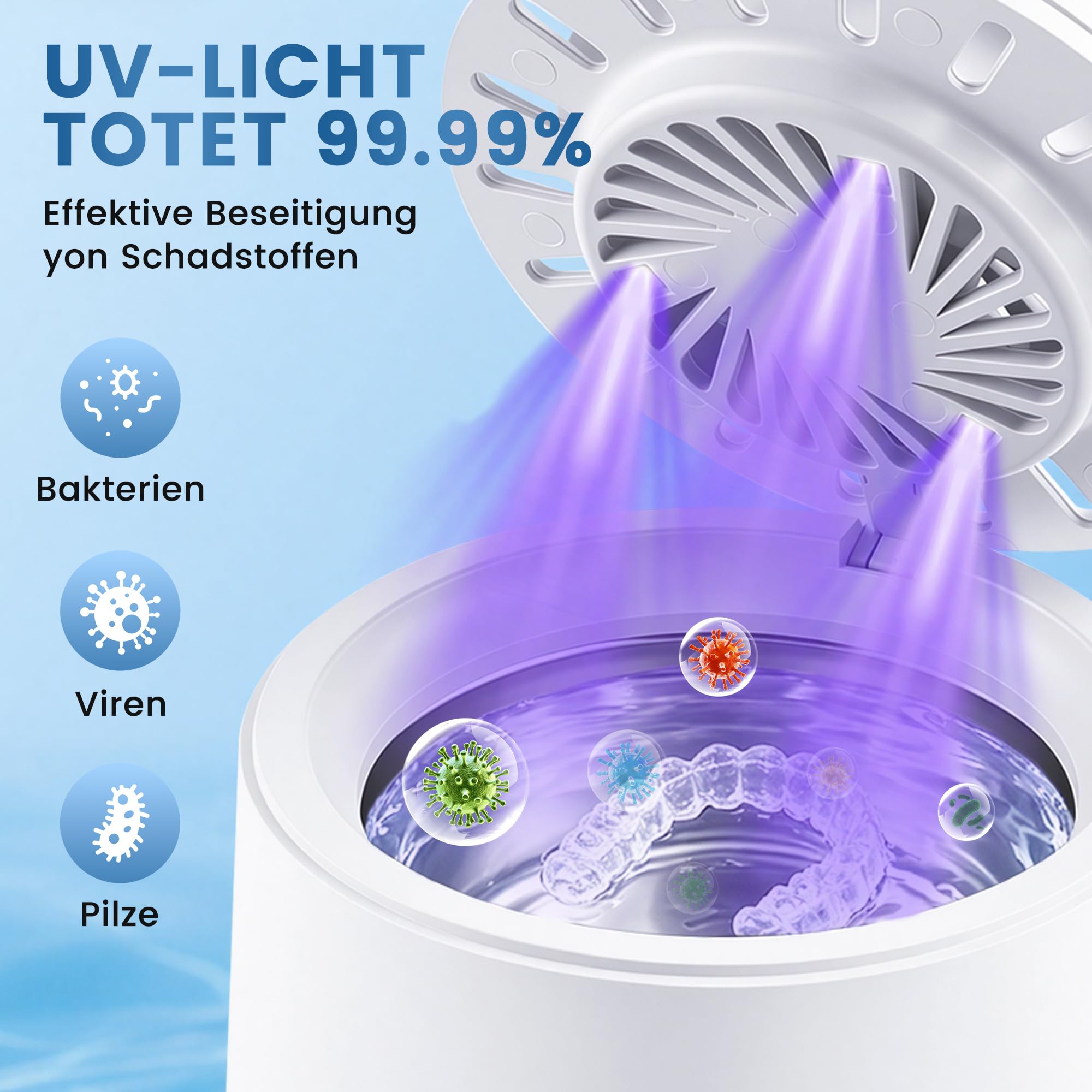 Dispositivo de limpieza por ultrasonidos para dientes (43 kHz, UV, con ventilador, 180 ml) | Secado rápido, limpieza suave, para dentaduras postizas, para joyas, vaina dental