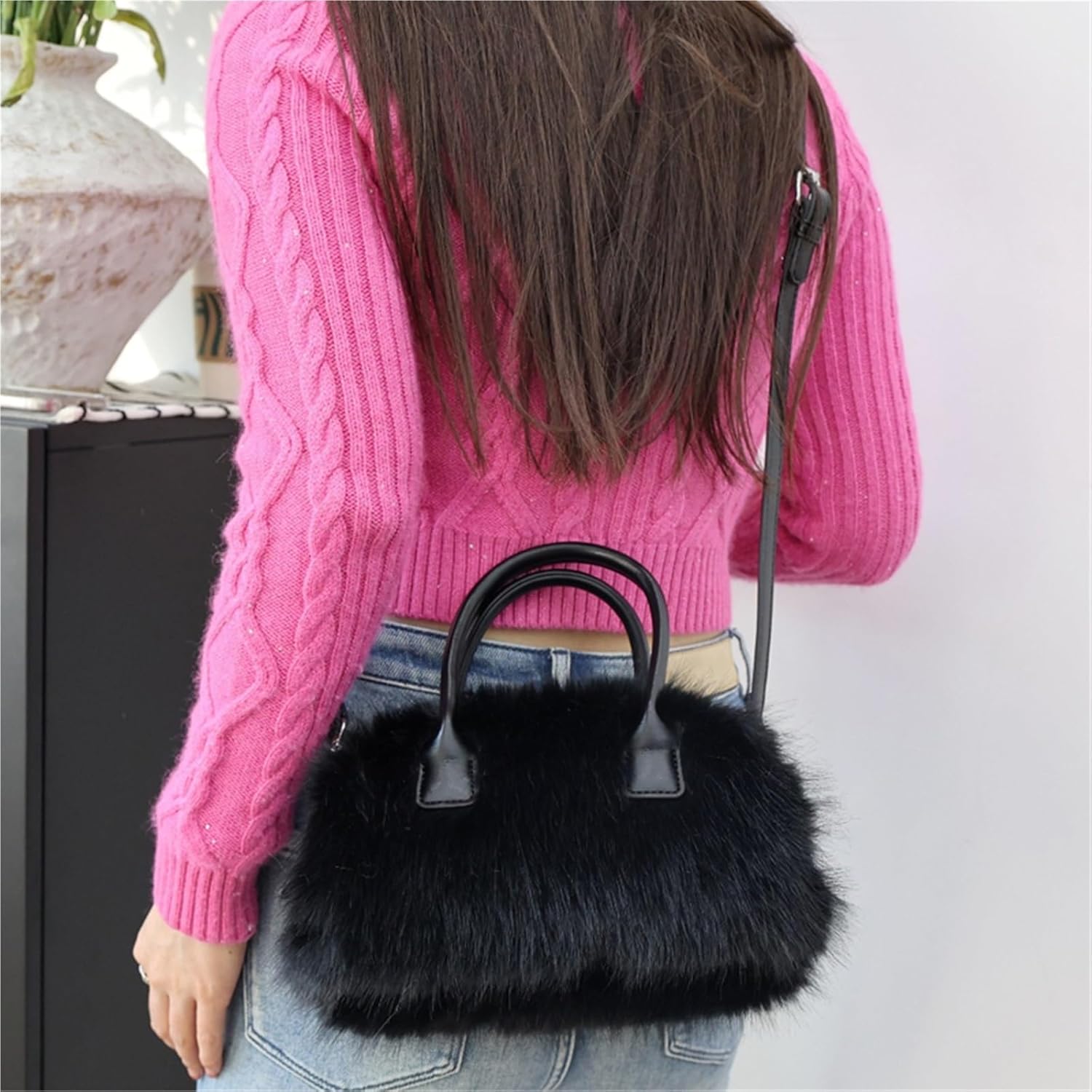 Furry Bag Pillow Bags For Women Handbags And Purses Top Handle Shoulder(Black)