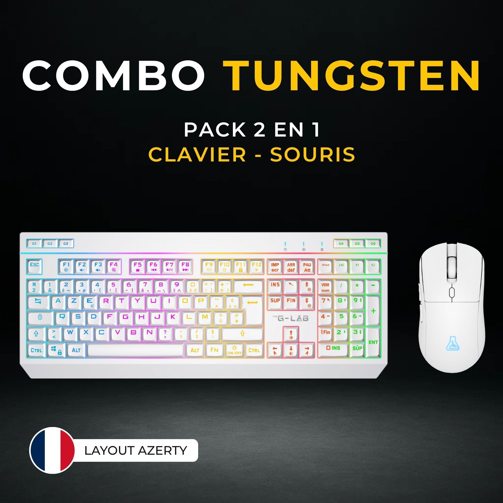 The G-Lab - Tungsten EX Combo - Zestaw klawiatury bezprzewodowej - potrójne połączenie 2,4 GHz/BT/przewodowe - AZERTY FR Gamer Keyboard RGB & Makra Custom - Bezprzewodowa mysz do gier 6400DPI - PC/PS4