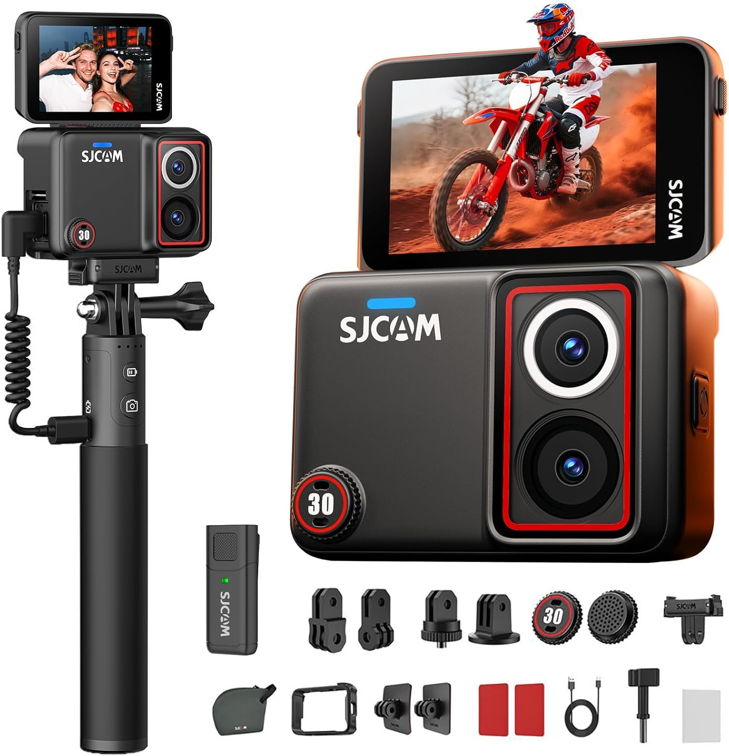 SJCAM SJ30 8K/20FPS,4K/60FPS Camara Vlog con Visión Nocturna Doble Lente,Micrófono Inalámbrico,Autonomía 7H,Estabilización SteadyMotion 2.0,Pantalla Táctil Flip 2,51" para Deportiva,Moto,Vlog,MTB