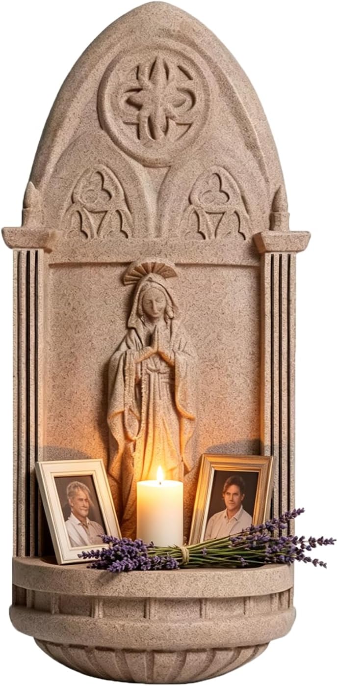 Religious Wall Niche, 20” Resin Prayer Shrine Wall Decor Gothic Catholic Virgin Mary Statue with Shelf Wall Mounted Display for Home Prayer Altar Christian Devotional Wall Art Sacred Home Decor