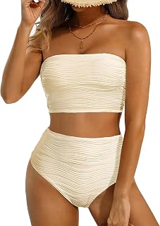 High Waisted Bandeau Bikini Set - Women Strapless Two Piece Swimsuits Ribbed Longline Full Coverage Bathing Suits Swimwear