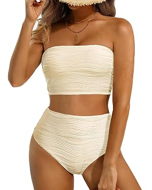 High Waisted Bandeau Bikini Set - Women Strapless Two Piece Swimsuits Ribbed Longline Full Coverage Bathing Suits Swimwear