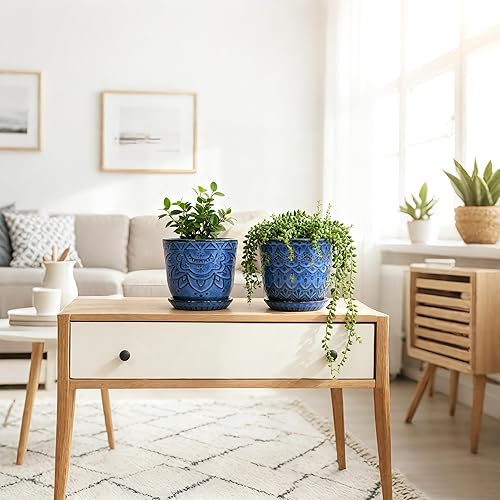 Gepege 6 Inch Beaded Ceramic Planter Set of 2 with Drainage Hole and Saucer for Plants, Indoor-Outdoor Large Round Succulent Orchid Flower Pot (Smoked Gray, Inner-pots not Larger Than 5 Inch)(Blue-c,6inch+6inch-set of 2)