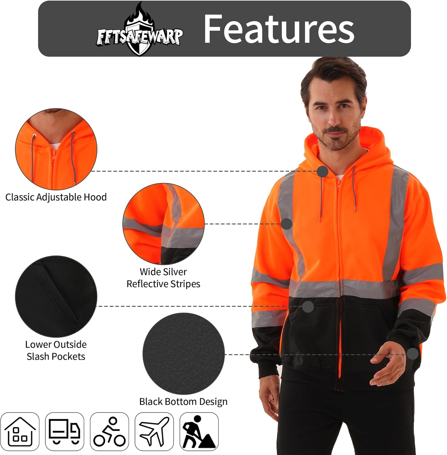 High Visibility Hoodie for Men Class 3 Hi Vis Safety Hoodies Reflective Construction Sweatshirt with Pockets