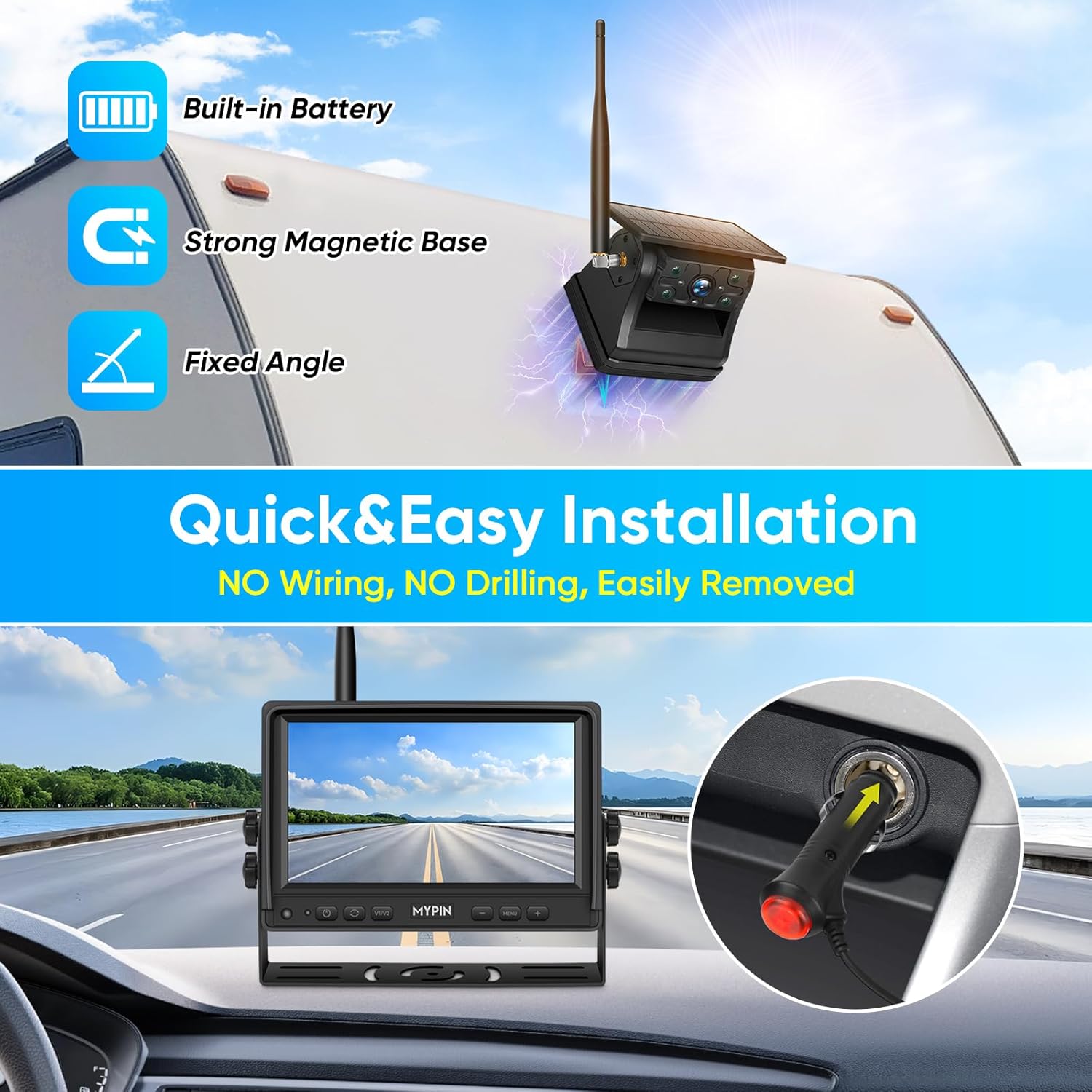 Solar Wireless Magnetic Backup Camera, 9900mAh Battery Powered Rechargeable IP69 Waterproof HD Back Up Rear View Remote Control Camera with 7 Inch 1080P Monitor System for Car Truck Trailer RV VN003