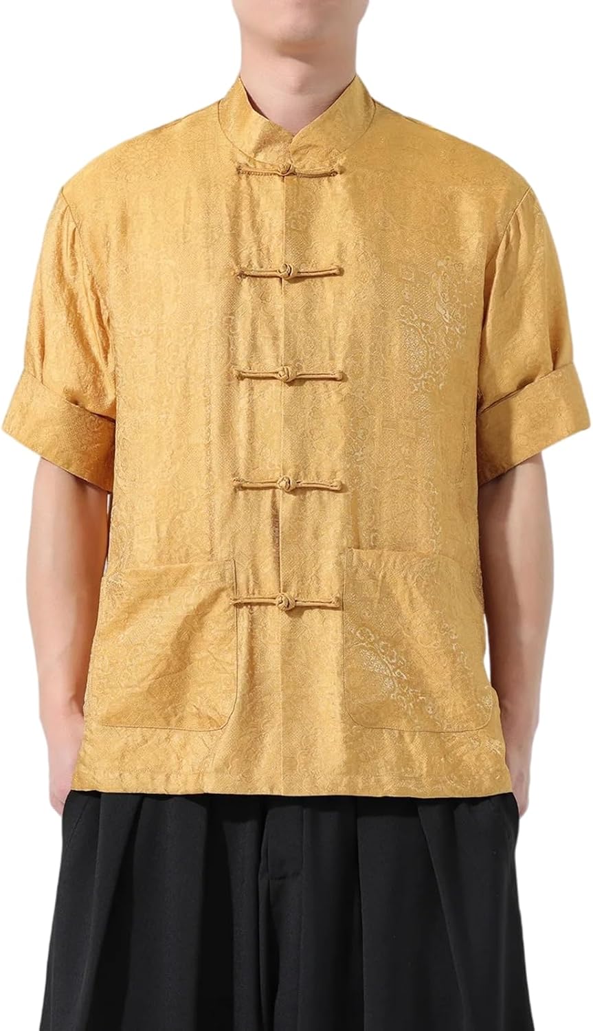 Chinese Style Men's Casual Shirt Summer Vintage Mandarin Collar Tang Suit Loose Male Short Sleeve Tops