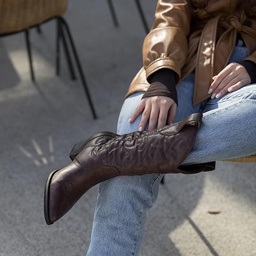 Miniatura 6 de Rollda Botas vaqueras occidentales para mujer con punta puntiaguda, botas vaqueras de media pantorrilla, botas de moda bordadas con tacón grueso,