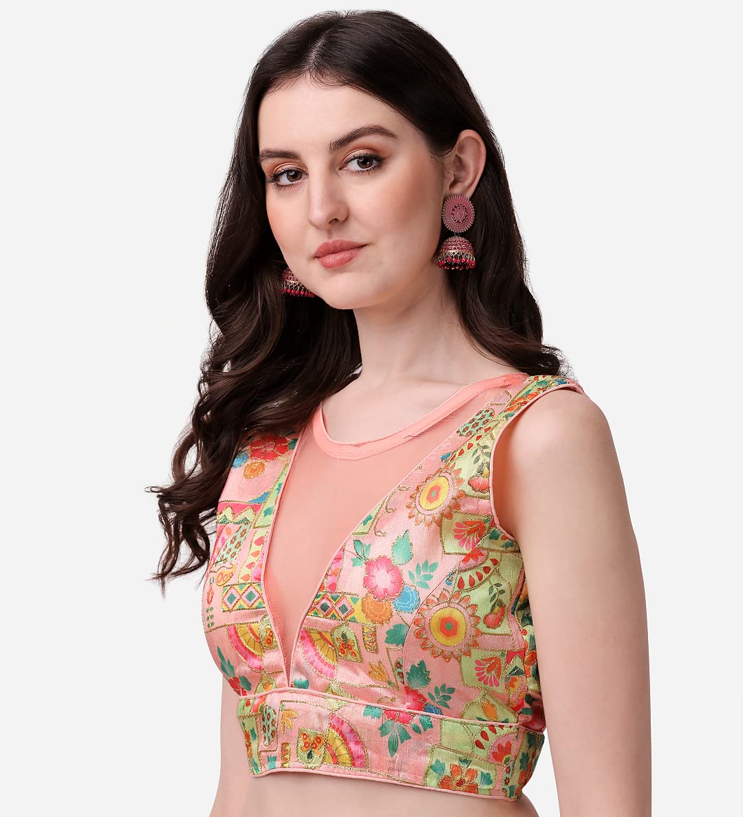 Pujia Mills Women's Phanotm Silk Floral Sleeveless Saree Blouse (Pp 4_Pink_38)