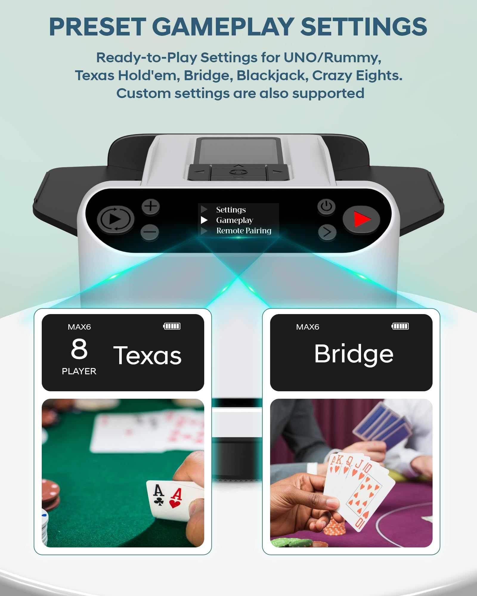 GJCrafts Mélangeur et Distributeur Automatique de Cartes Tout-en-Un, 5 Modes intelligents, dés intégrés, Rechargeable, Compatible avec Les Cartes de Poker, Blackjack et UNO pour 2 à 8 Joueurs