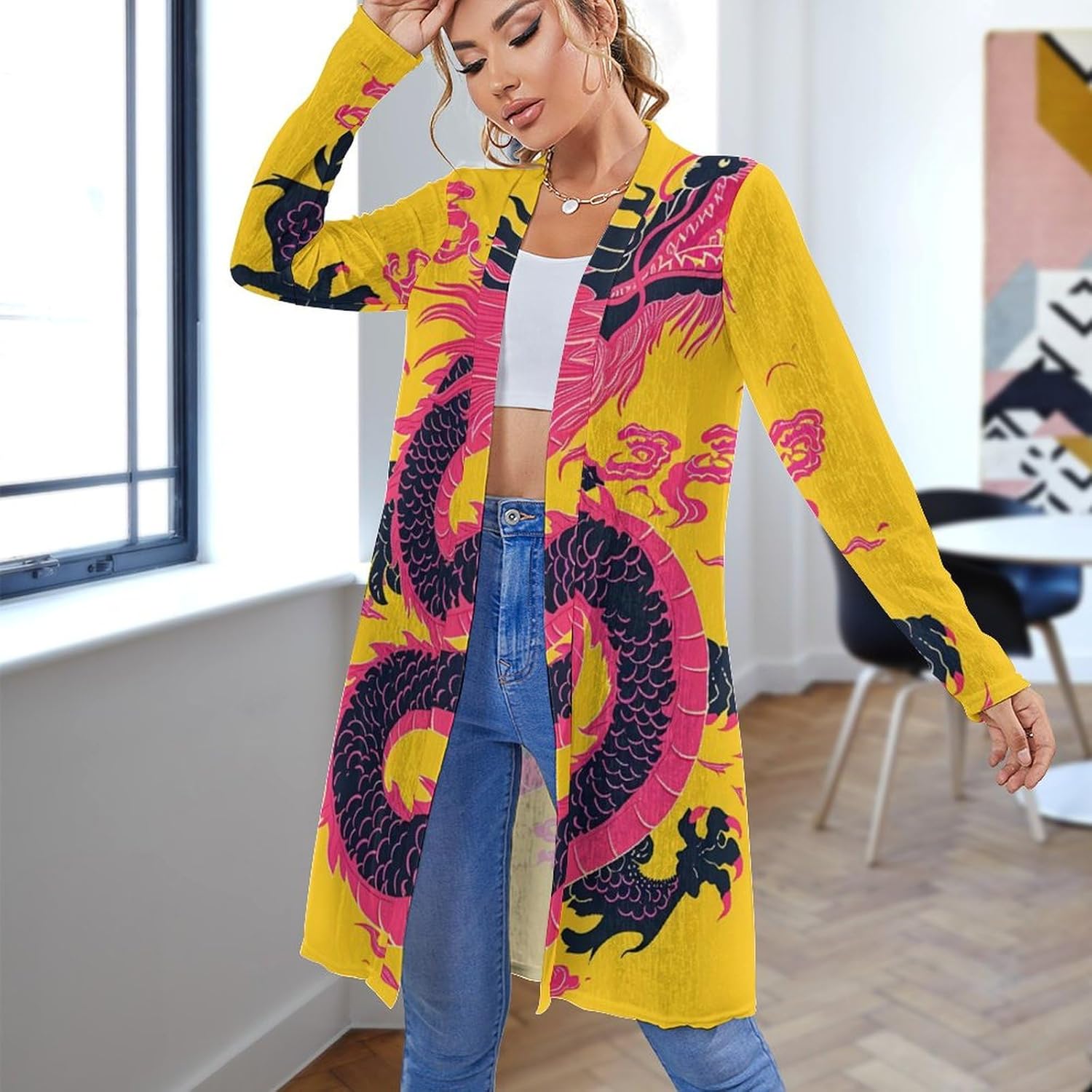 Women's Long Cardigan Dragon Tops Tribal Chinese Style Graphic 2024 Long Sleeve Chiffon Casual Clothes Spring Loong 02 Small image 3 of 4 B0CX4TWH77