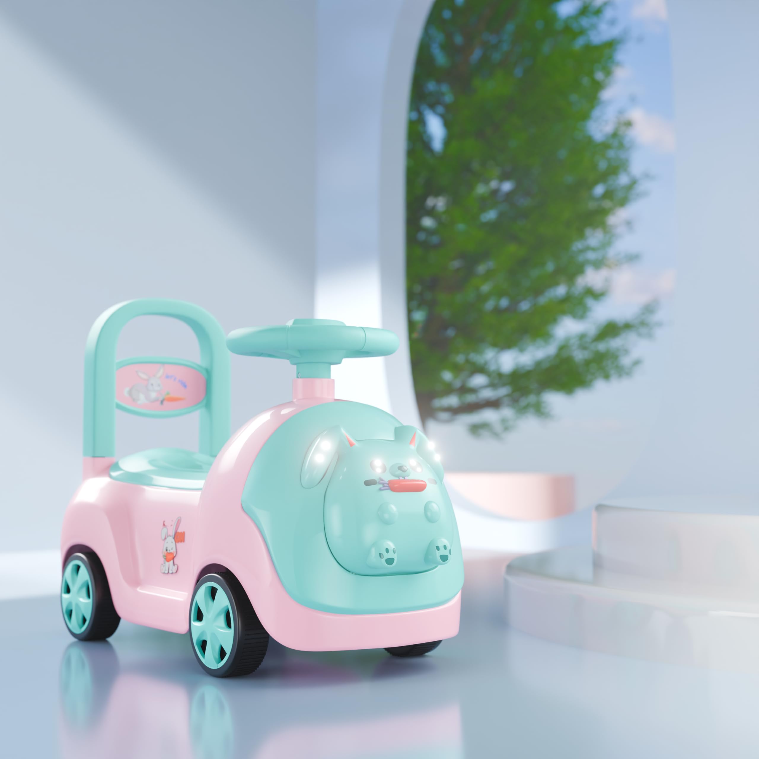 Cockatoo-Kids Baby Bunny Swing Car for Kids Ride-On Magic Car with LED Lights & Music Push & Glide Toy for Toddlers with Backrest Seat & Big Wheel Push Car for Ages 1-3 Pink & Sea Green Up to 25 Kg