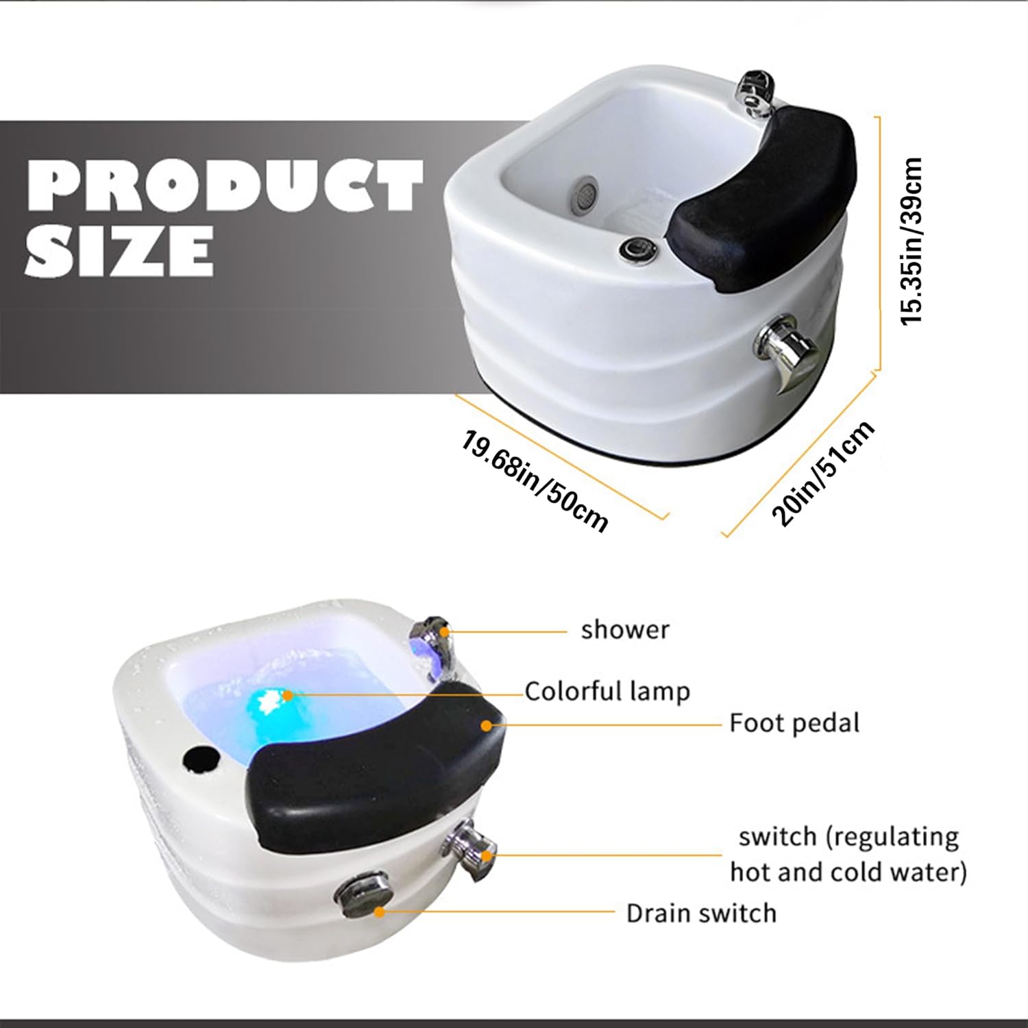 Professional Pedicure Spa Basin with LED Light, Portable Pedicure Foot Bathtub, Bath Massager with Heat and Jets, for Stress Relief for Men & Women (20in)