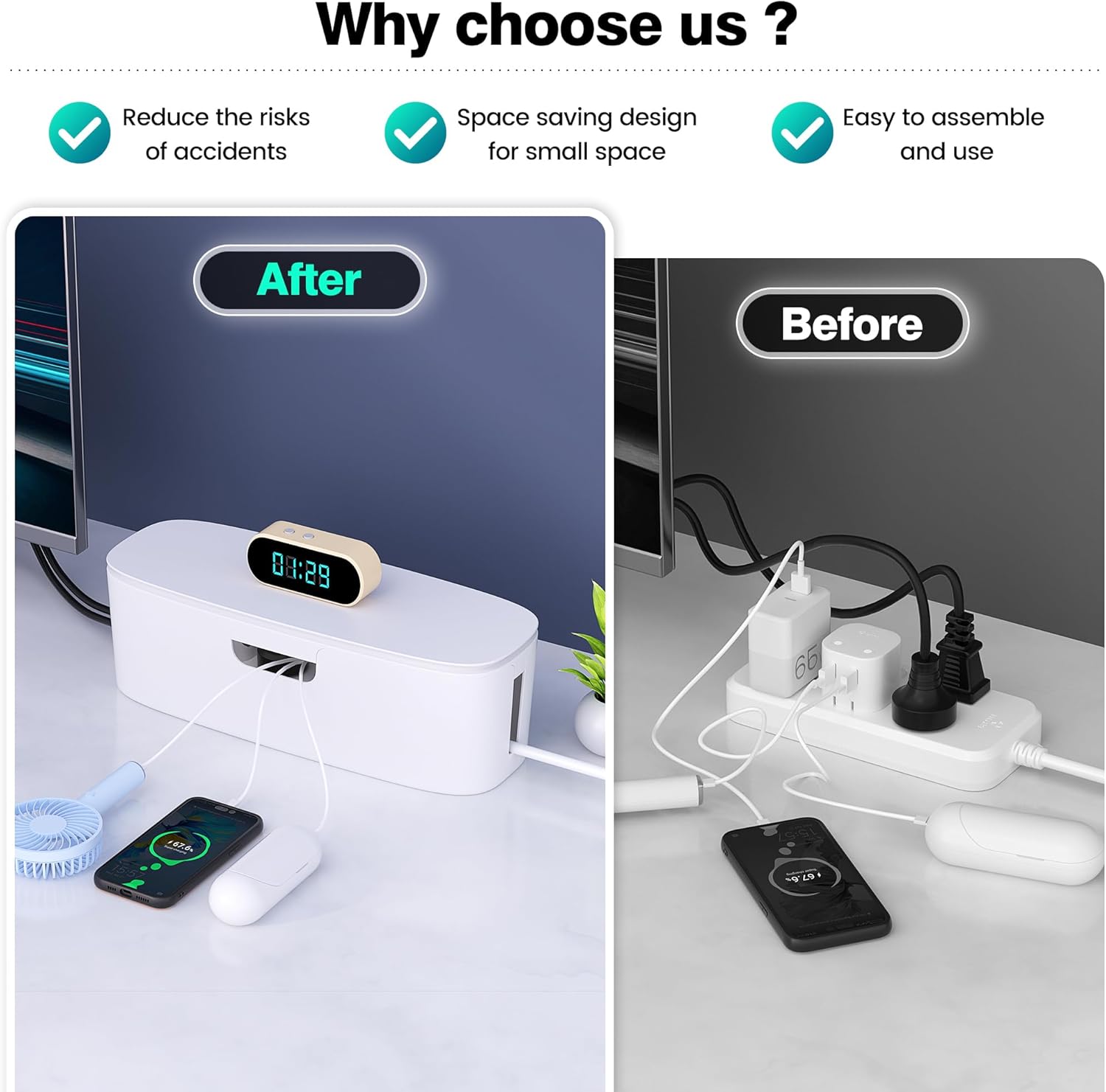 Cable Management Box - Large Cord Organizer Box to Hide Power Strip & Under Desk, TV Computer Wires Cable Organizer Box with Baby Proofs, Desk Cord Organizer for Home/Office - White