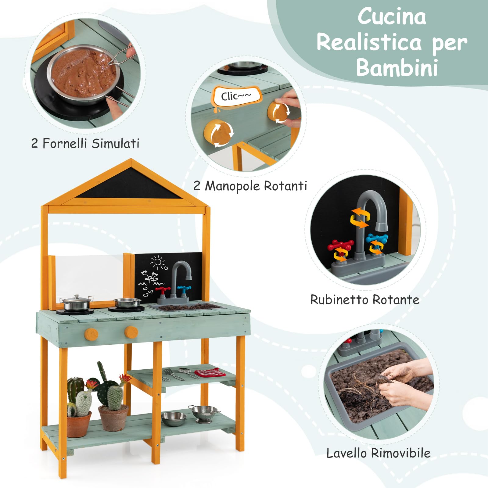 COSTWAY Cucina Giocattolo per Giardino con Vaso da Piantinaggio Trasparente, Rubinetto e Lavandino Rimovibile, Cucina in Legno di Abete per Bambini, Set Cucina con 8 Accessori (Verde e Arancio)