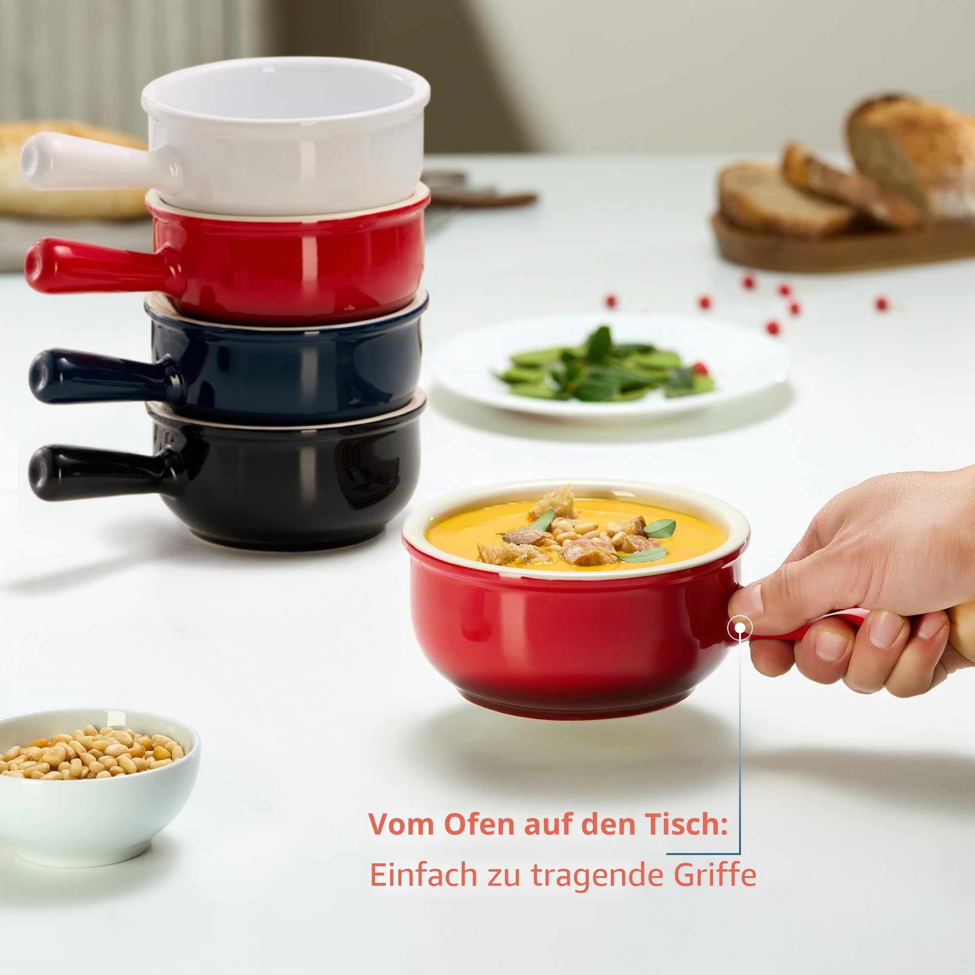 KooK Französische Zwiebel-Suppenschüsseln, Suppentöpfe mit Griffen, 425 ml, Keramikschalen, mikrowellen-, spülmaschinen- und ofenfest, Steingut, Marineblau, 4 Stück