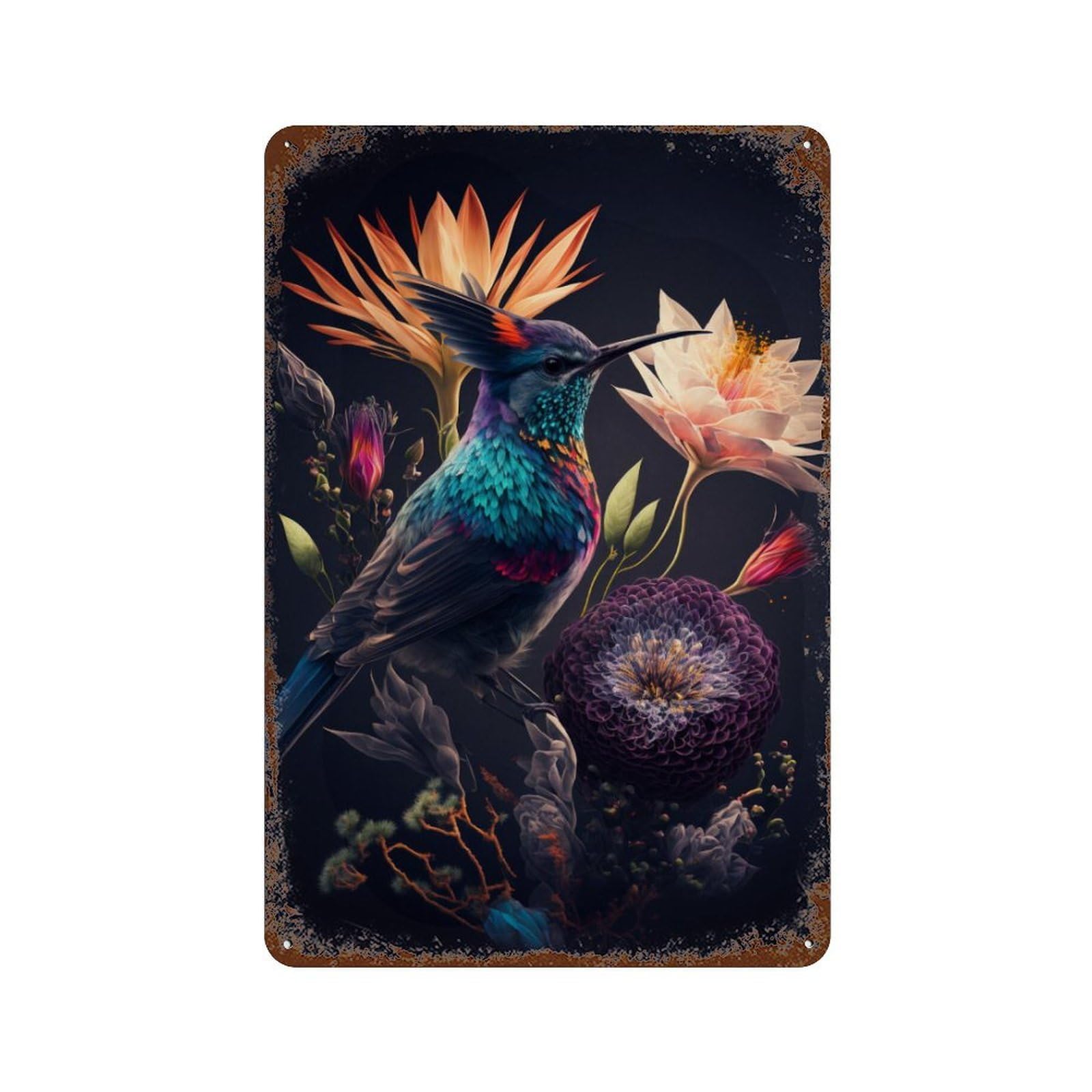 Retro Metal Sign with Colorful Hummingbird with Flowers Design 11.8"x7.9", for Shed, Workshop And Garage Wall Decor, Industrial Home Decor