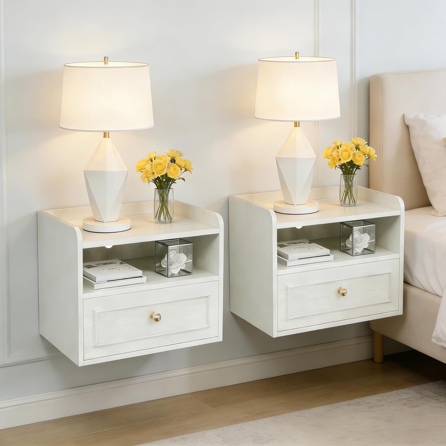 Floating Nightstand with Charging Station Set of 2, Modern Wall Mounted Bedside Tables with Drawer & Open Shelf, Modern Hanging Table with USB & Type C Ports for Bedroom, Small Spaces