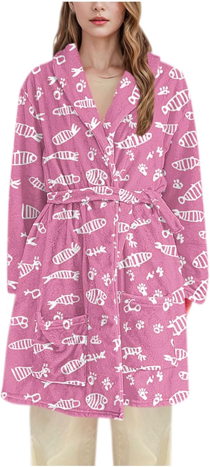 Women Fleece Robe Print Hoodless Tie Waist Lounge Wear Spa Bathrobe