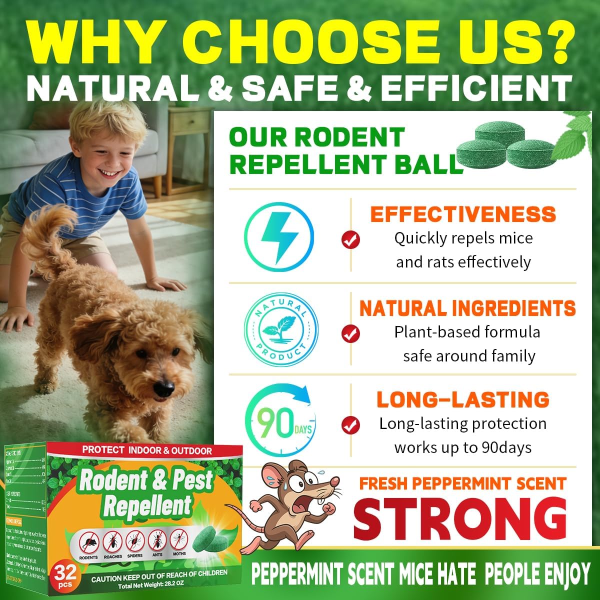 Rodent Mole Repellent for Indoor Outdoor - Peppermint Essential Oil Extra Strength for Mice Rat Mouse Bug Spider Roach Repellent Pouches, Moth Balls Pest Control Natural Home Safe 32 Packs