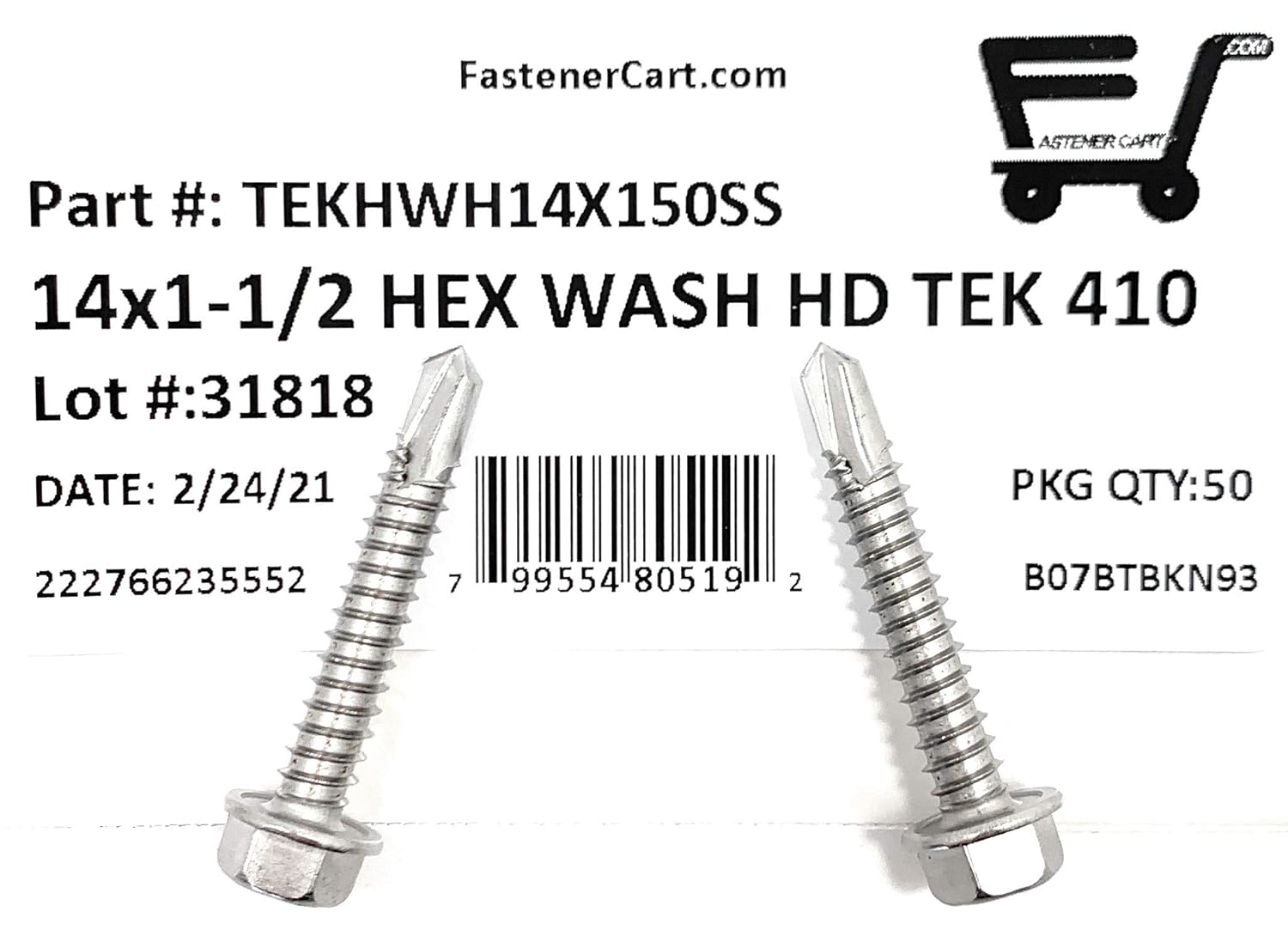 #14x1 1/2 Stainless Steel Hex Washer Head Self Drilling Tapping TEK Screw (410 Stainless Steel) 50 Pieces 14X1-1/2
