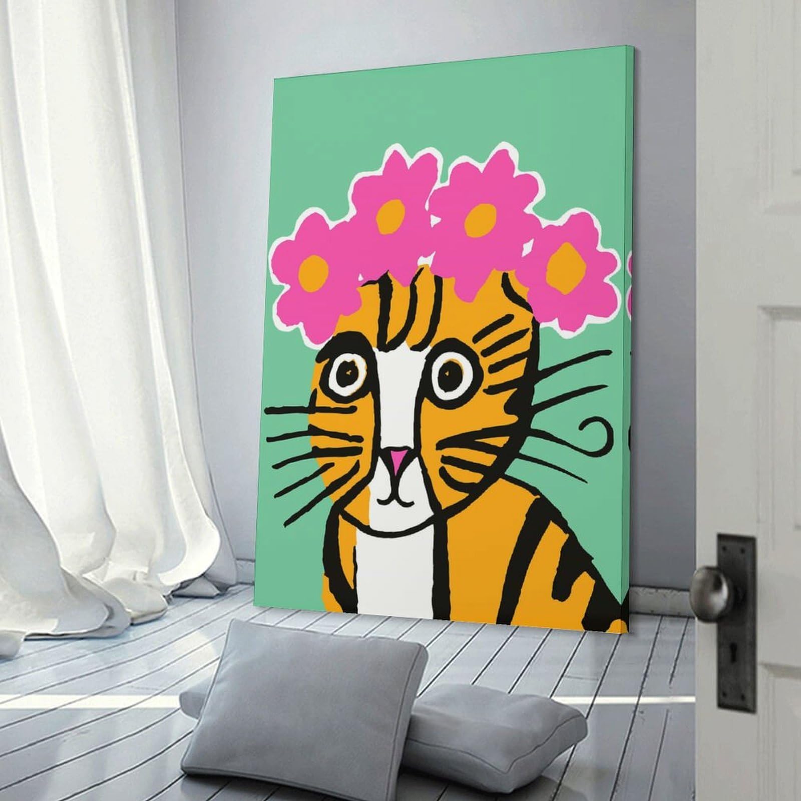 Junmoney Frame-Style-6 Cat With Flower Crown On Canvas Wall Decor 24X36inch(60X90cm), For Home Lounge, Bedroom Or Reading Nook, A Home Accent With Warm Character