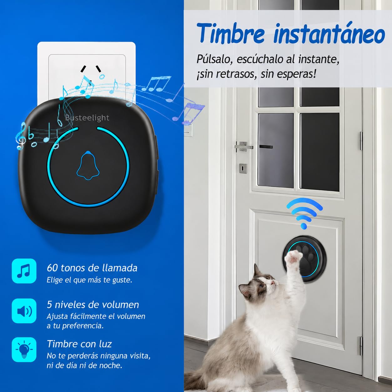 A6 BK Timbre para Perro para Salir al Exterior Inalámbrico 300 m – Timbre de Entrenamiento con LED, 60 Melodías, Impermeable para Educación Canina (1 Campana y 1 Receptor)