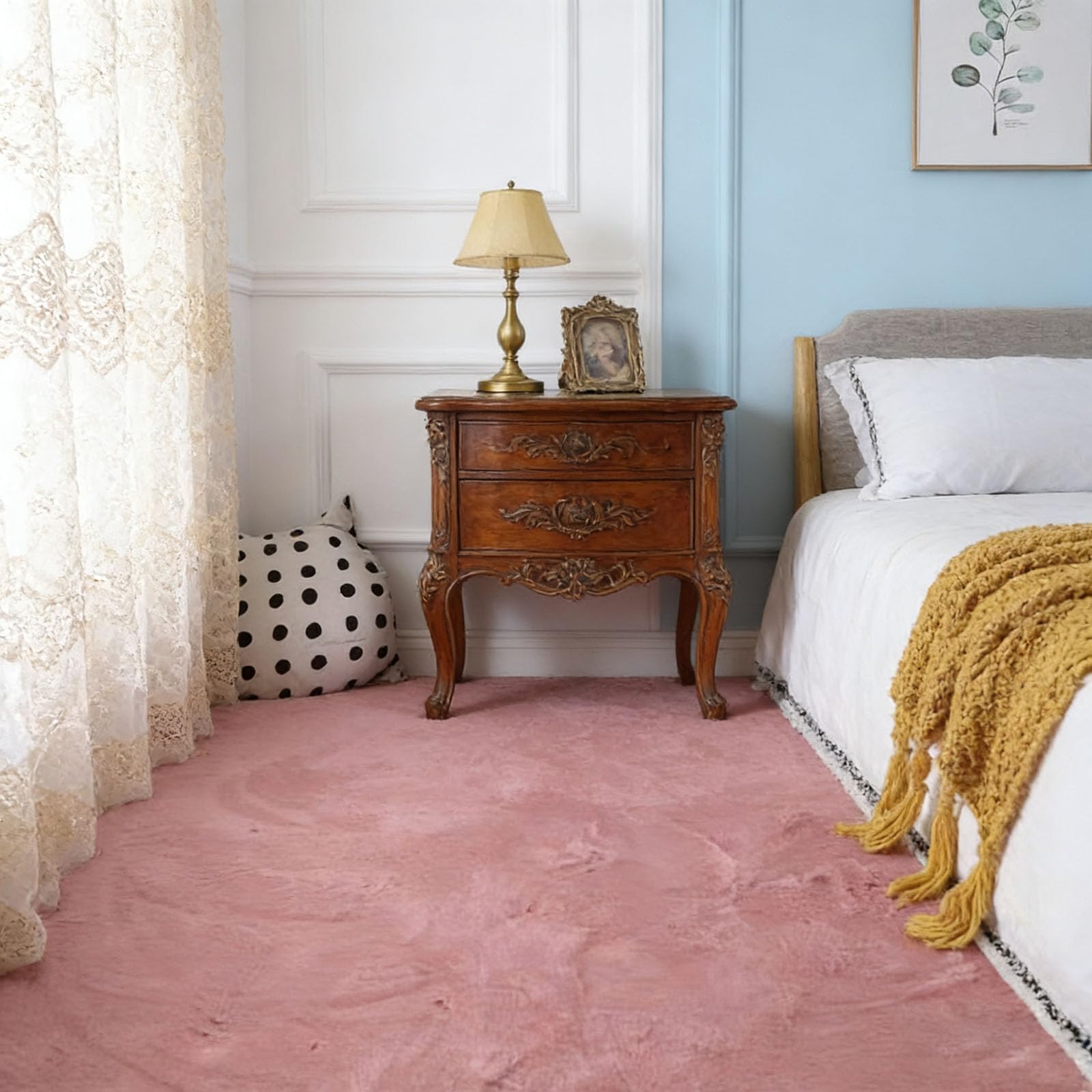 Tapis poil ras pour salon et salle à manger rose foncé aspect fourrure