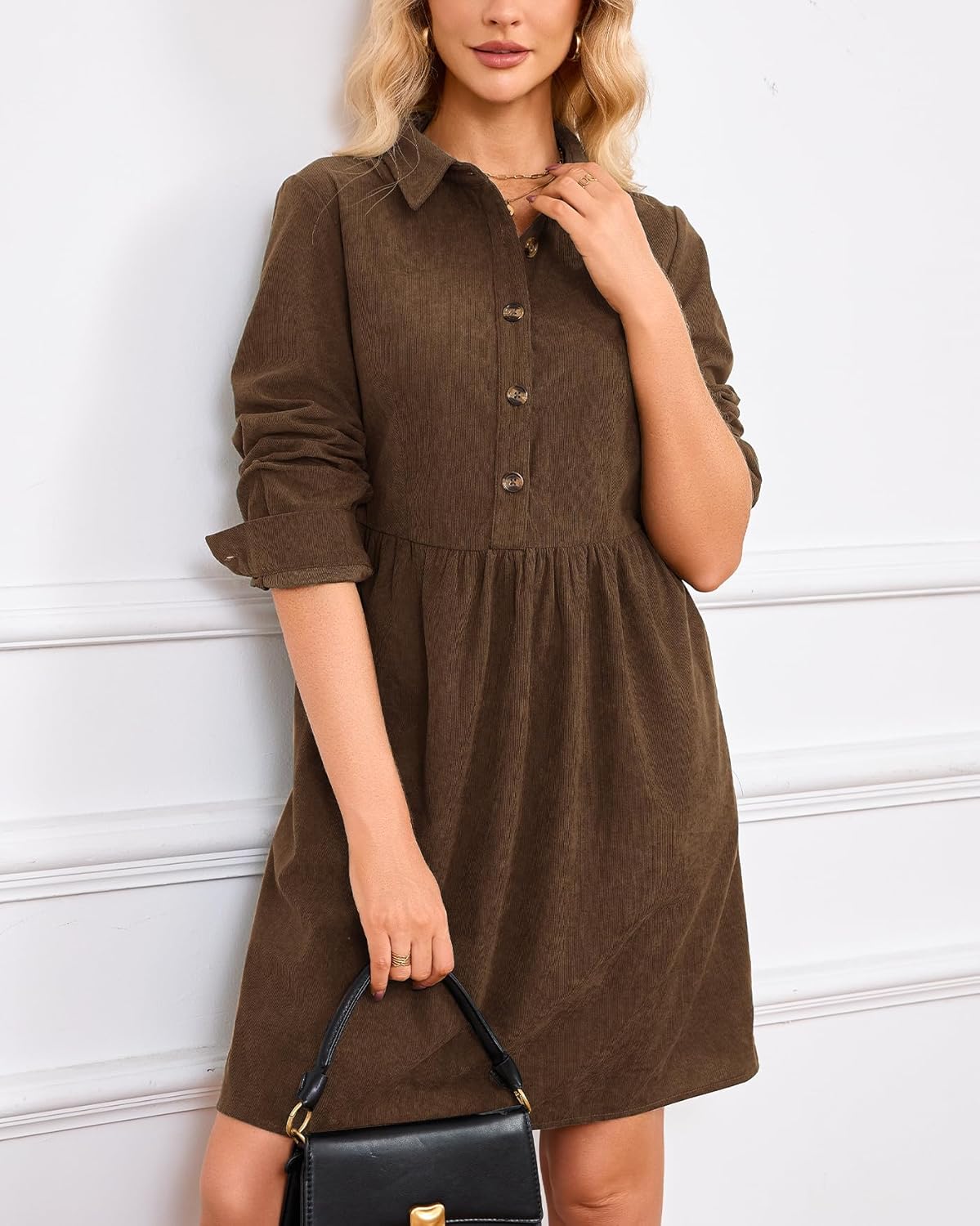 Women's Corduroy Shirt Dress Casual Long Sleeve V Neck Button Down Tunic Mini Dress with Pockets - Image 2
